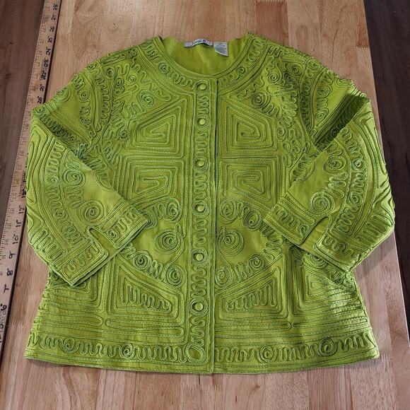 Joni B. Vintage Green Piped Button Front Long Sleeve Embellished 19" P2P - Picture 2 of 13